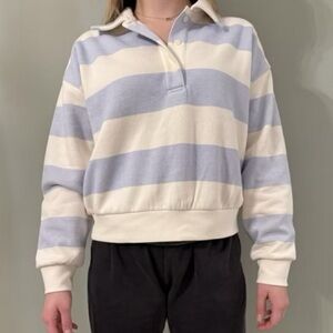 Universal Thread Cream and Blue long Sleeve Fleece Polo Shirt